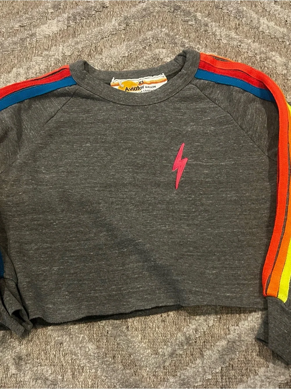 Aviator Nation Women’s cropped Charcoal Crewneck Sweatshirt with neon Stripes